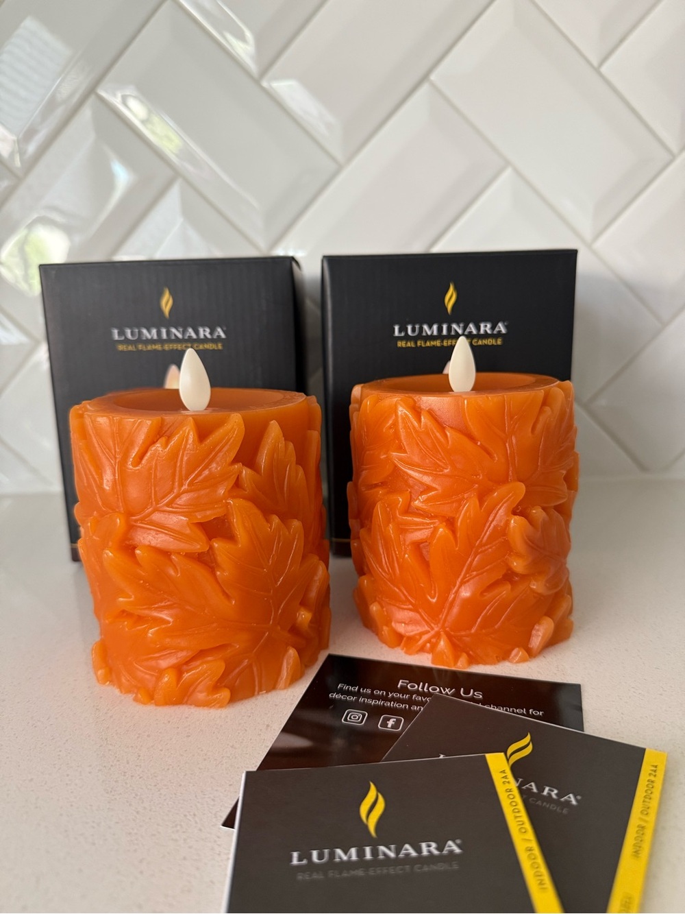 Luminara Marmalade Embossed Leaves Flameless Candles Set of 2 NIB